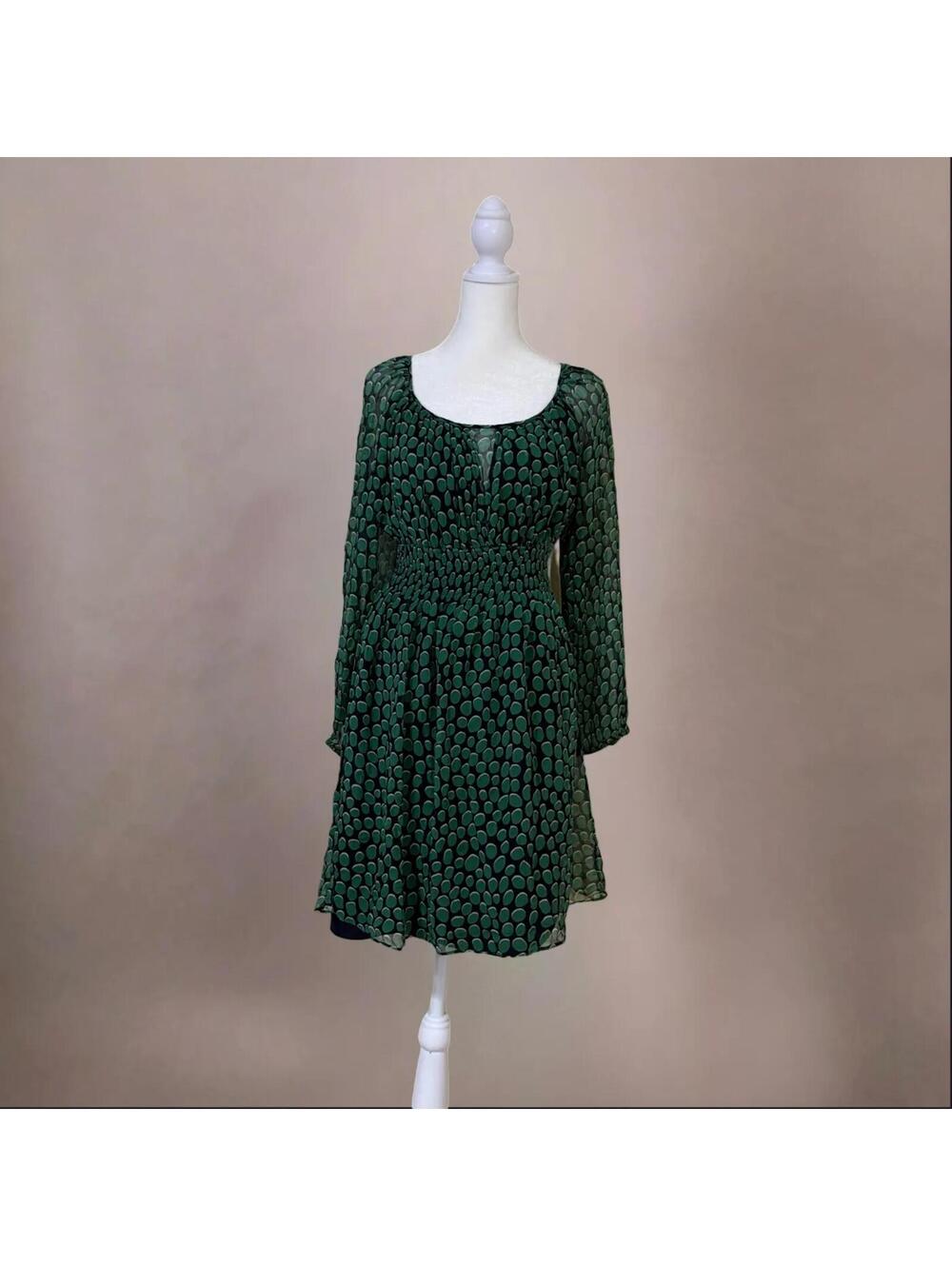 BCBG Moss Green Sheer Printed Scoop Neck Long-Sleeve Summer Dress